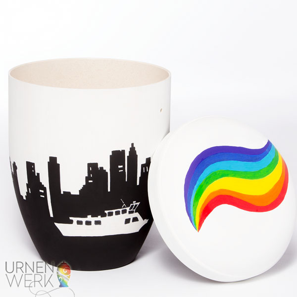Bio Natururne "New York Skyline" für Reisefans - Urnenwerk - Ind Bio Urne New York mit Deckelansicht der regenbogenfarbigen Flamme