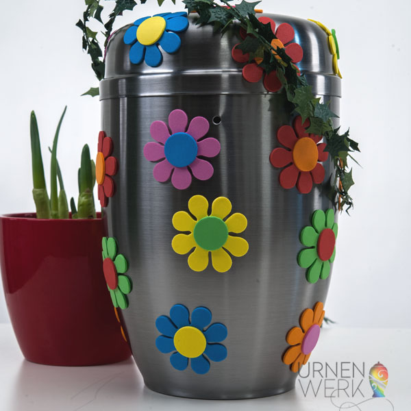 Stahl Urne- Flowerpower Design - Urnenwerk - Individuell wie das Hippieurne mit 70ger Jahre Blumen verziert