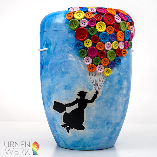 Urne Mary Poppins mit Luftballons und Deckel -Urnenwerk - Indivi Biourne mit der fliegenden Mary Poppins. Malerei mit Holzknöpfen
