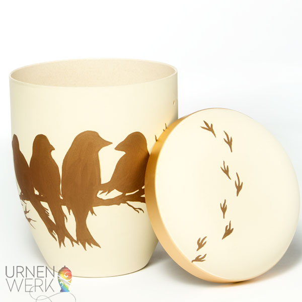 Bio Urne "Vögelspallier" für Vogelfans - Urnenwerk - Individuell Vogelspallier bronzefarben Nahaufnahme